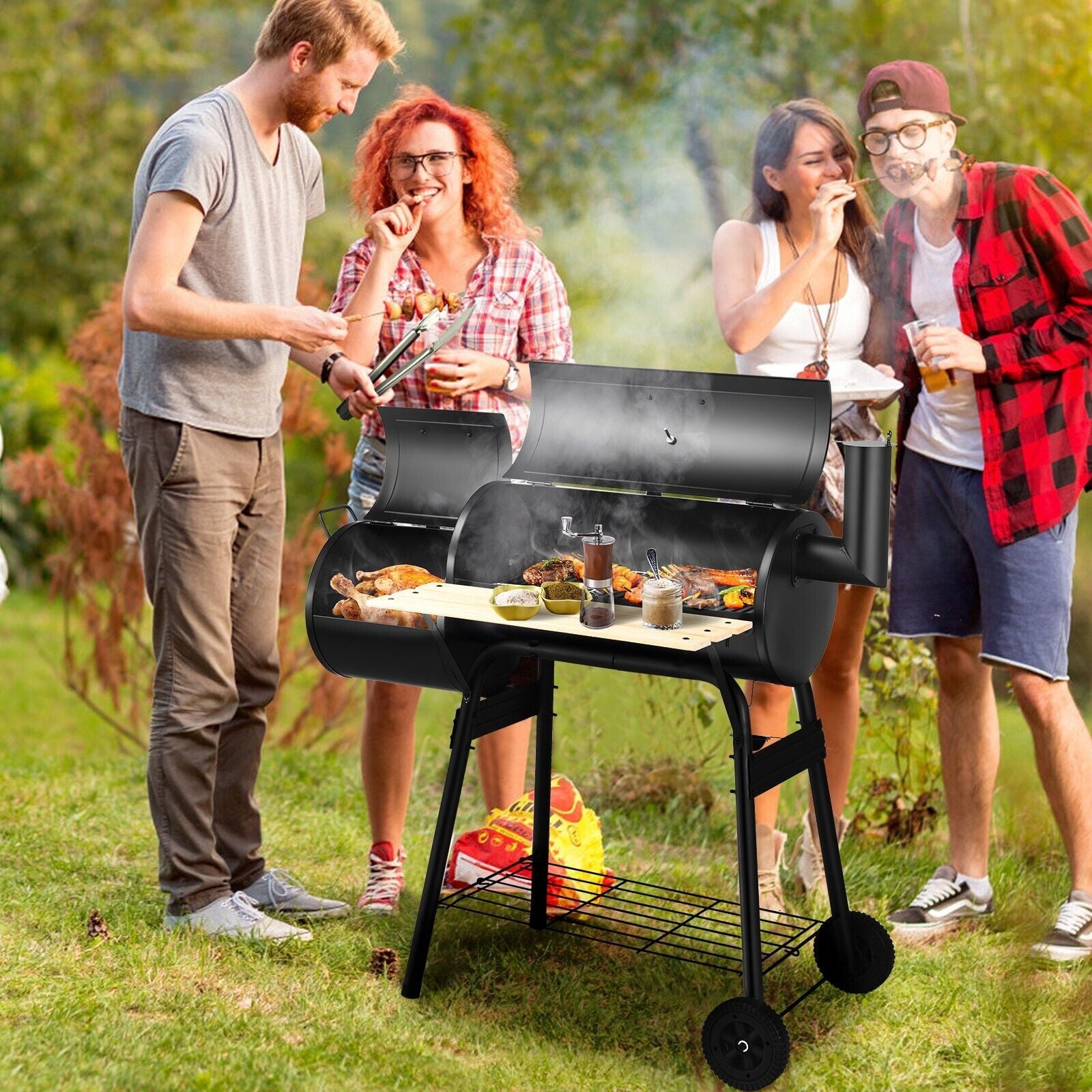 Smart Charcoal BBQ Grill with Wheels and Shelves for Camping Picnic Party